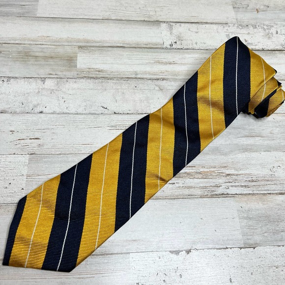 Paul Fredrick Neck Tie Mens Yellow Blue Striped 100% Italian Silk Business Event - Picture 2 of 5